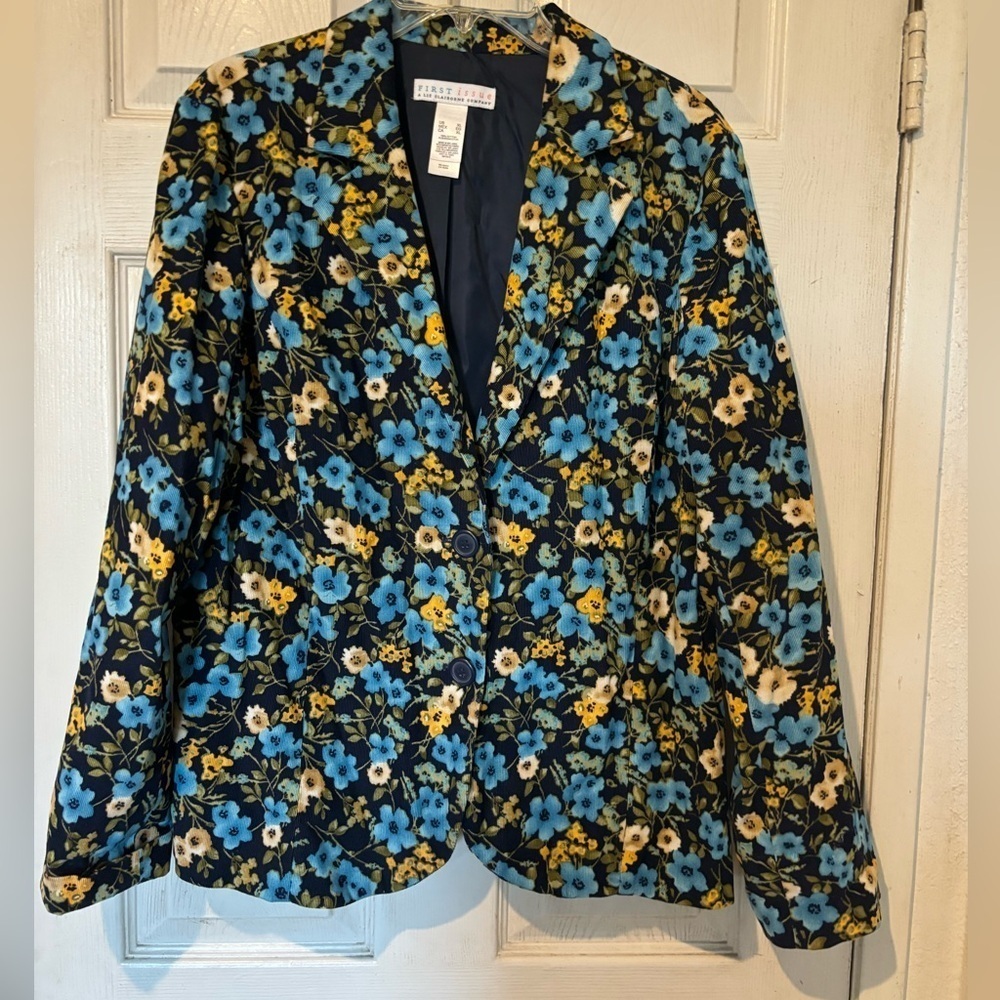 New Liz Claiborne First Issue Lightweight Navy Floral Corduroy Blazer
